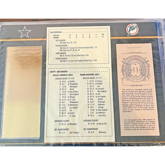 SUPER BOWL VI Cowboys v Dolphins Willabee & Ward Super Bowl 6 TICKET STUB Gold - Picture 7 of 9